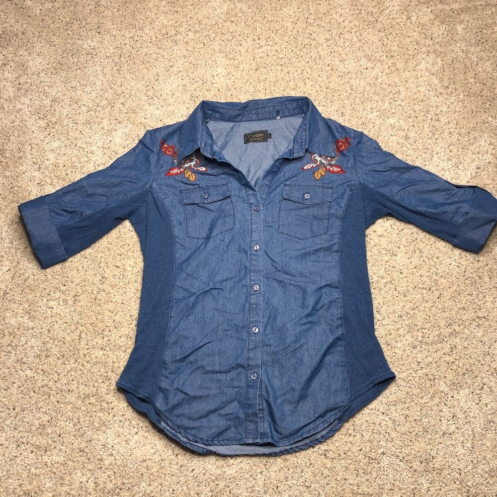 Cavalini Button Up Shirt Womens Large Denim Blue Floral Outdoors Casual